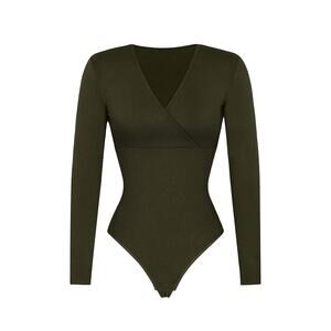 Shapellx Cozy Ribbed Chic V Neck Cut-Out Bodysuit Olive Green Size XXL New